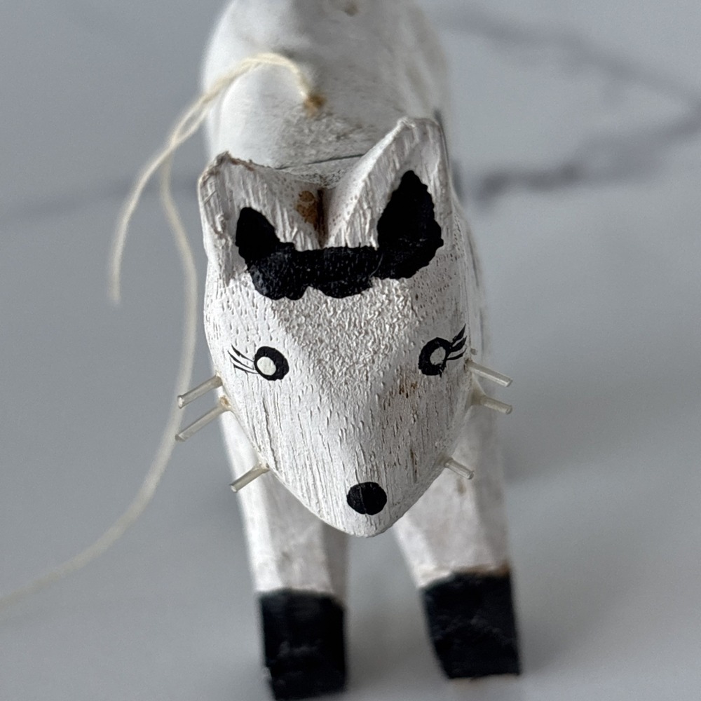 Carved Wooden Cat Figure Kitty Black White Polka Dot Folk Art Ornament Ring Hold